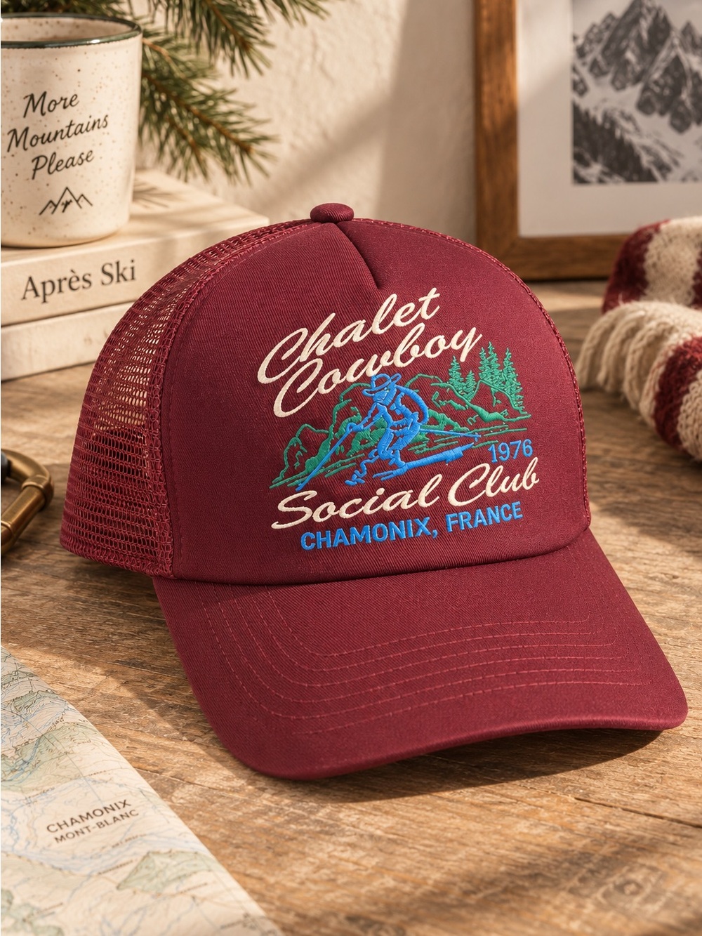 NEW Anthropologie x Worn/West Winter Trucker Hat, Chalet Cowboy, Burgundy